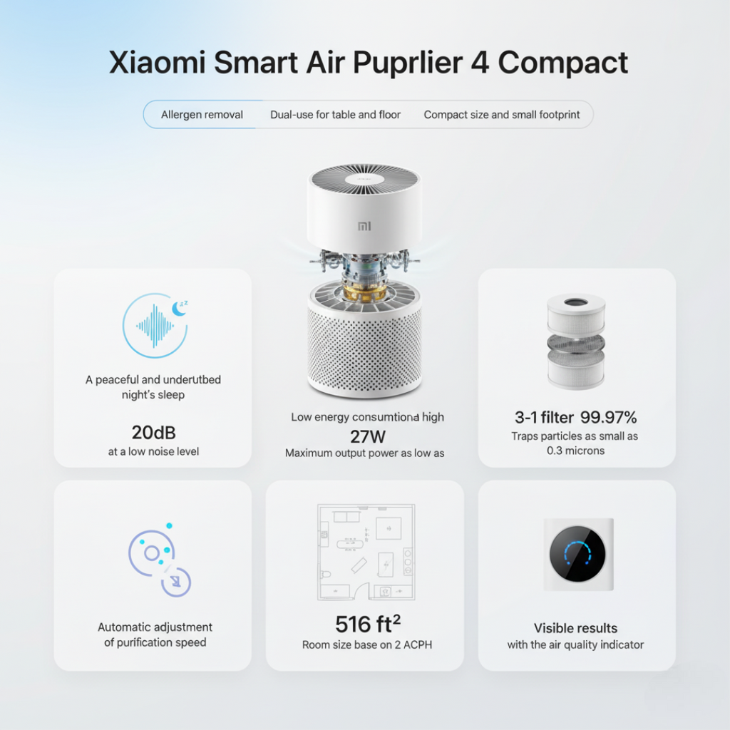 Xiaomi Smart Air Purifier 4 Compact – Allergen Removal, Dual-Use for Table & Floor, Compact Size for Allergy-Sensitive Homes