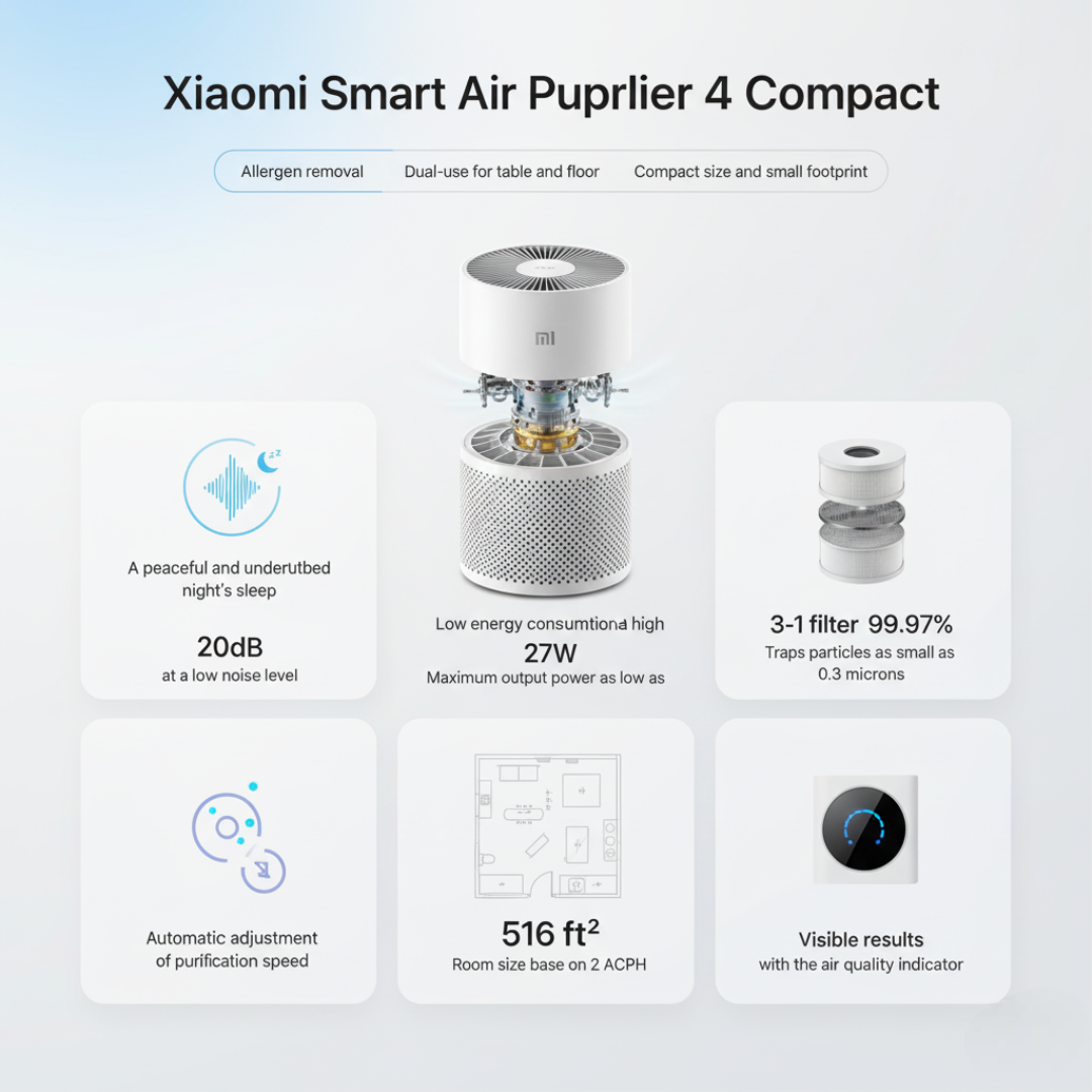 Xiaomi Smart Air Purifier 4 Compact – Allergen Removal, Dual-Use for Table & Floor, Compact Size for Allergy-Sensitive Homes