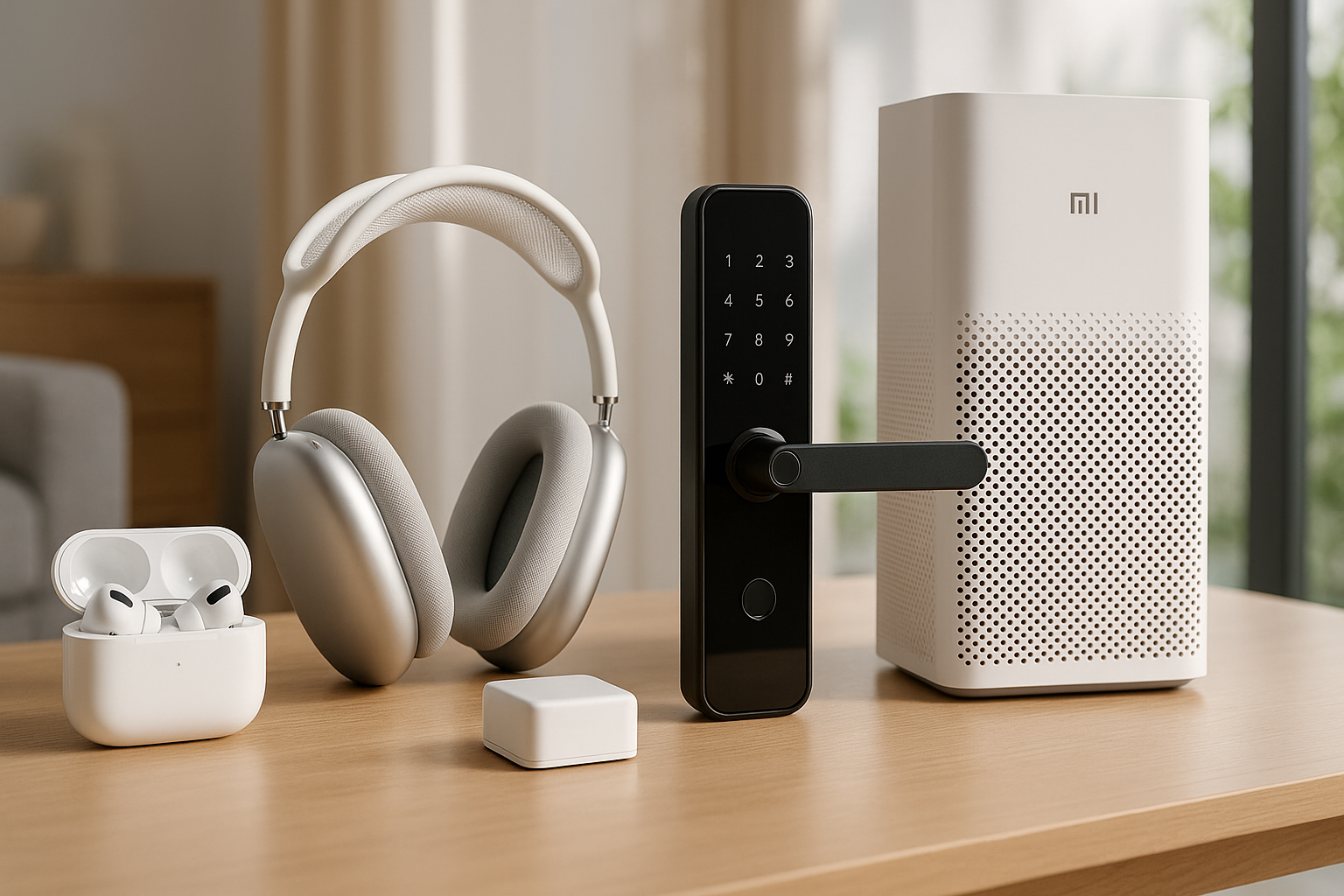 Realistic hero banner featuring actual smart home and audio products